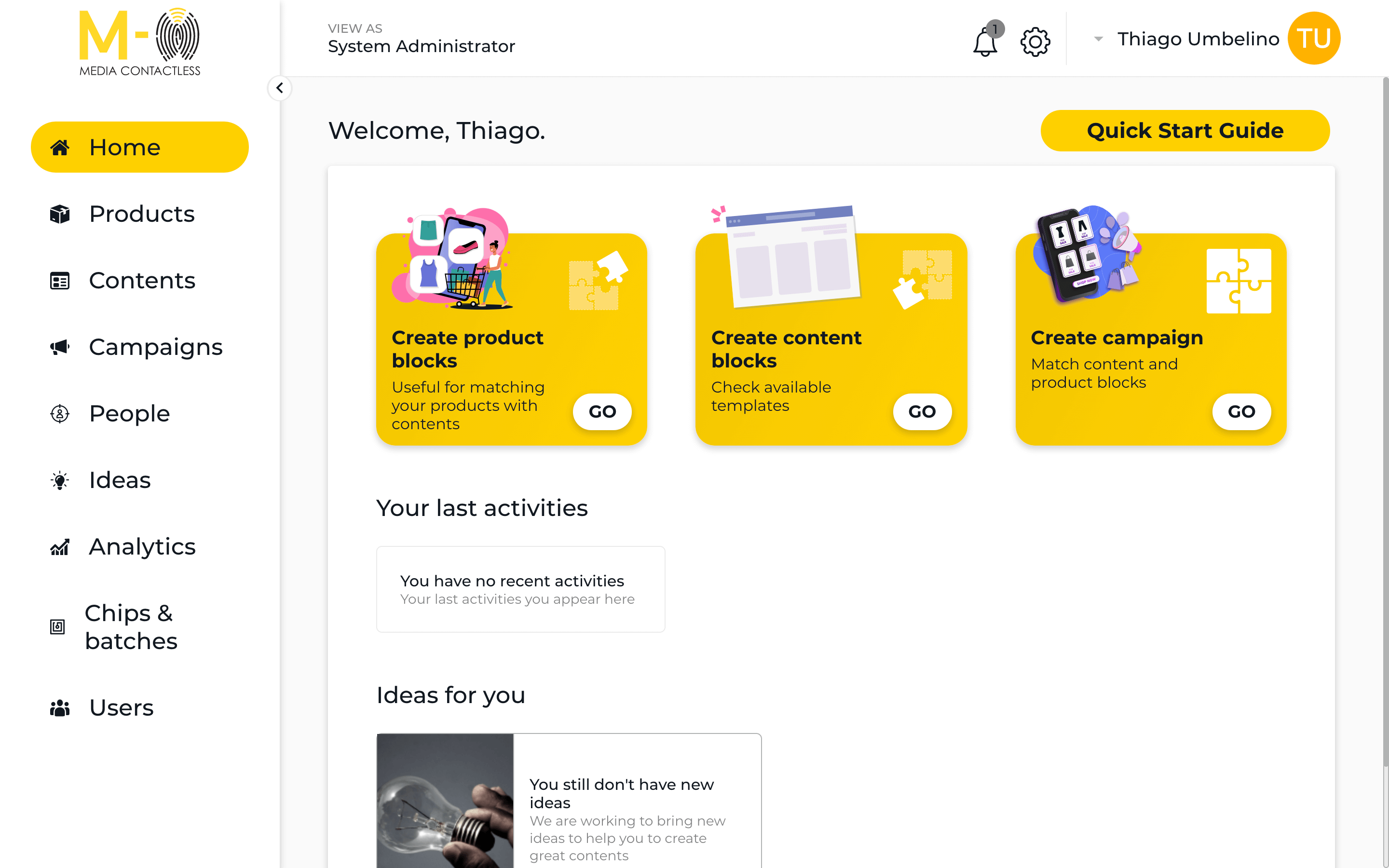 Media Contactless Dashboard Home page